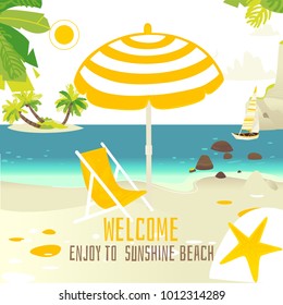 Tropic palm beach banner, card design with rocks, yacht, sun chair and place for text, summer vacation concept, flat cartoon vector illustration. Square banner with sunny ocean beach vacation scene