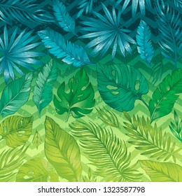 Tropic palm leaf gradient pattern. Tropical nature hand drawn sketch illustration. Exotic rainforest summer, spring background with navy green jungle leaves & trendy dark blue zig zag print. 