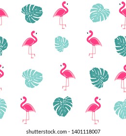 Tropic Palm Leaf and Pink Flamingo seamless pattern background design. Vector Illustration EPS10