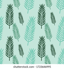 Tropic Palm Leaves Seamless Pattern. Hand drawn vector illustration. Can be used for children textiles, designs. Delicate shades of blue and green