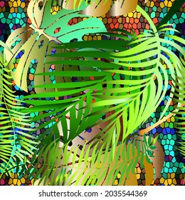 Tropic Palm leaves vector seamless pattern. Exotic tropical plants background. Repeat colorful mosaic backdrop. Floral fantasy tropic ornament. Textured abstract modern design. Wallpaper. Abstraction.