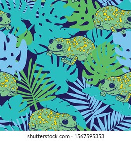 tropic palm seamless pattern with hand drawn frog in night
