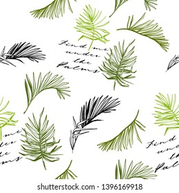 Tropic palm seamless pattern. Jungle foliage repeatable background with green and black leaves. Exotic botanical floral fashion illustration. Hand drawn sketch on white backdrop.