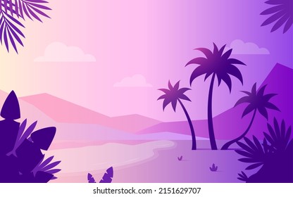 Tropic palm tree background purple flat wallpaper. Dense summer foliage forest landscape horizontal fantastic scene. Subtropical poster tourism company profile screen saver exotic country travel site