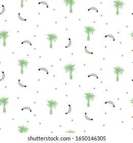 Tropic palm trees and banana pattern background. Seamless exotic print wrap vector design. White scandi textile design.