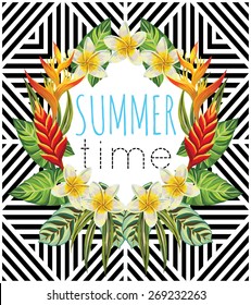 Tropic paradise flowers and palm leaves vector print in a trendy mirror style illustrator geometric black and white background. Slogan summer time
