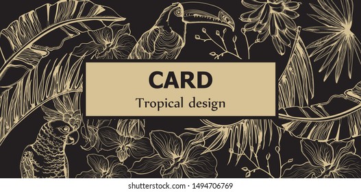 Tropic parrot card Vector line art . Exotic pattern leaves decors. Summer Party poster Dark background