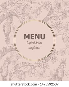 Tropic parrot card Vector line art . Exotic pattern leaves decor