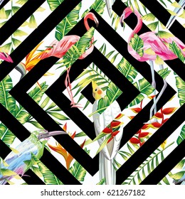 Tropic pattern beach vector bird parrot, pink flamingo seamless tropical leaves flowers exotic black white geometrical background