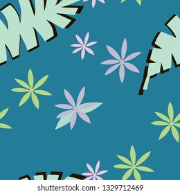 Tropic pattern big leaves banana and palm background seamless on a blue. Vector simple leafs template. Banana leaf with shadows 