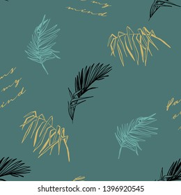 Tropic pattern with gold, black, blue palm leaf. Seamless pattern with jungle tropical foliage. Botanical floral illustration. Hand drawn contour sketch on green background.