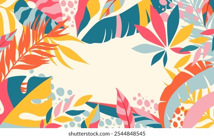 Folhas de padrão trópico. Estandarte da palma da folha, flor colorida. Árvore abstrata, verão floral. Planta selva impressão arte. Boho moldura de praia, design geométrico. Pôster e pano de fundo de banner. Fundo moderno do vetor