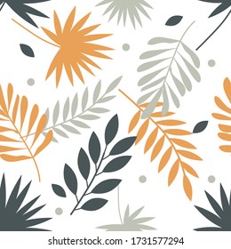 Tropic pattern with palm tree. 
Gray, yellow and green leavesTropical palm leaf background. Vector floral seamless pattern.