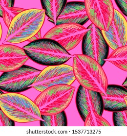 Tropic plant leaf graphic vector background. Summer tropical leaves wallpaper seamless pattern.
