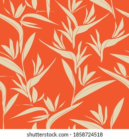 Tropic Plants and Flowers silhouette in orange pink background pattern. Vector seamless pattern design for textile, fashion, paper, packaging and branding.