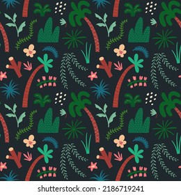 Tropic plants pattern, various reinforest trees and foliage, hanging lianas, palmtree. Seamless print with botanical elements. Exotic forest plants and leaves, stylized illustration, good for