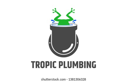 Tropic Plumbing logo with frog jumping into the pipe.