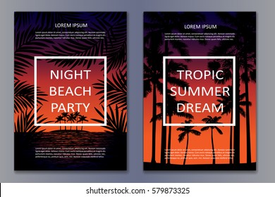 Tropic posters with silhouette palms and frame for text on colorful background. Mock up for book, brochures, flyers and advertising.