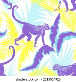 Tropic print with blue monkey. Seamless vector summer background with palm leaves. 