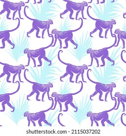 Tropic print with blue monkey. Seamless vector summer background with palm leaves. 