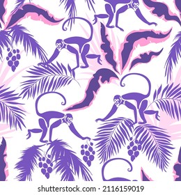 Tropic print with blue monkey. Seamless vector summer background with palm leaves.
