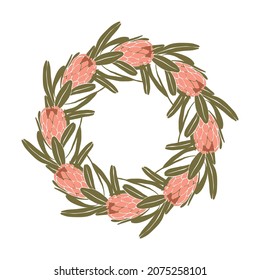 Tropic protea flowers round border for wedding design isolated on white background. Boho floral wreath with copy space hand drawn frame template.