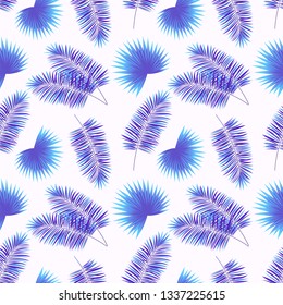tropic repeat texture. Summer background. Exotic leaves Vector wallpaper. Colored backdrop with tropical jungle plants. palms and monstera branches. Bright colors. Violet, purple, blue, white