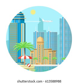 Tropic resort with panorama of modern city and beach with umbrella vector illustration 
