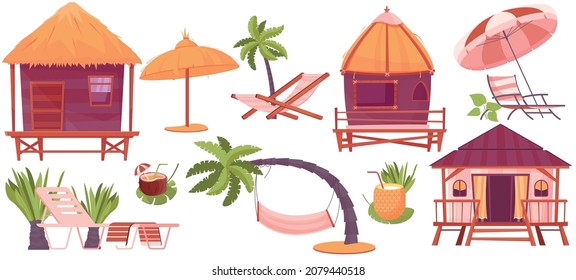 Tropic rest flat icons set of bungalow and equipment for beach vacation isolated vector illustration