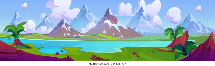 Tropic river and mountain nature background scene. Lake in summer valley with blue sky and beautiful rock environment cartoon panorama. Wild water stream and green grass abstract terrain backdrop