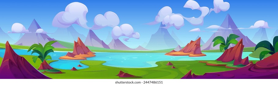 Tropic river and mountain nature background scene. Lake in summer valley with blue sky and beautiful rock environment cartoon panorama. Wild water stream and green grass abstract terrain backdrop