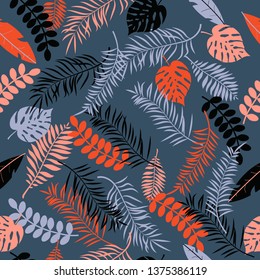 Tropic seamless pattern with color leaves. Vector illustration