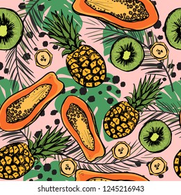 Tropic seamless pattern with exotic fruits and leaves. Summer background with pineapple and papaya