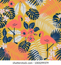 Tropic seamless pattern with flamingo, palms and flowers