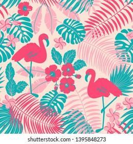 Tropic seamless pattern with flamingo, palms and flowers
