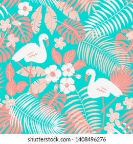 Tropic seamless pattern with flamingo, palms and flowers