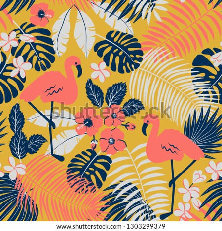 Tropic seamless pattern with flamingo, palms and flowers