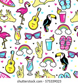 Tropic seamless pattern with Flamingo, Toucan, rainbow, cocktail, guitar, sunglasses, surf board, etc. Vector background with fashion patches and stickers in cartoon 80s-90s trendy style.