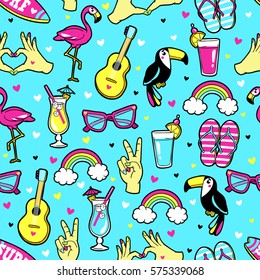 Tropic seamless pattern with Flamingo, Toucan, rainbow, cocktail, guitar, sunglasses, surf board, etc. Vector background with fashion patches and stickers in cartoon 80s-90s trendy style.