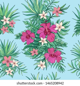 Tropic seamless pattern with hibiscus, plumeria and tropical leaves. Summer decoration print for wrapping, wallpaper, fabric. Seamless vector texture. Tropical bouquet flowers.

