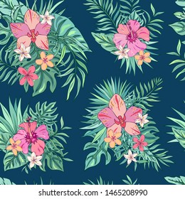 Tropic seamless pattern with hibiscus, plumeria, orchid and tropical leaves. Summer decoration print for wrapping, wallpaper, fabric. Seamless vector texture. Tropical bouquet flowers.