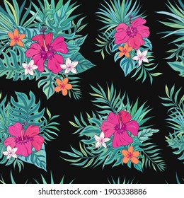 Tropic seamless pattern with hibiscus, plumeria and tropical leaves. Summer decoration print for wrapping, wallpaper, fabric. Seamless vector texture. Tropical bouquet flowers.
