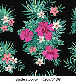 Tropic seamless pattern with hibiscus, plumeria and tropical leaves. Summer decoration print for wrapping, wallpaper, fabric. Seamless vector texture. Tropical bouquet flowers.