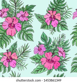 Tropic seamless pattern with hibiscus and tropical leaves.Summer decoration print for wrapping, wallpaper, fabric. Seamless vector texture. Tropical bouquet flowers.

