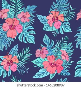 Tropic seamless pattern with hibiscus and tropical leaves. Summer decoration print for wrapping, wallpaper, fabric. Seamless vector texture. Tropical bouquet flowers.