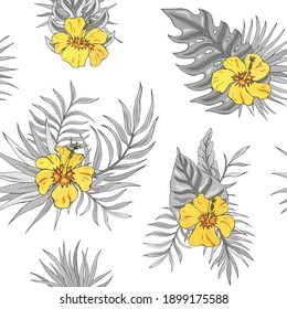 Patrón trópico sin fisuras con hibiscos y hojas tropicales.Decoración veraniega impresa para envolver, papel pintado, tela. Textura vectorial sin inconvenientes. Flores de ramo tropical.