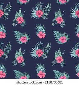 Tropic seamless pattern with hibiscus and tropical leaves. Summer decoration print for wrapping, wallpaper, fabric. Seamless vector texture. Tropical bouquet flowers.