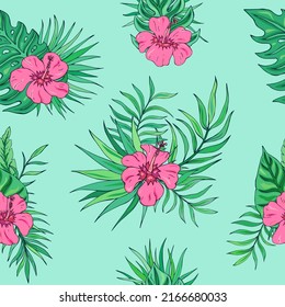 Tropic seamless pattern with hibiscus and tropical leaves. Summer decoration print for wrapping, wallpaper, fabric. Seamless vector texture. Tropical bouquet flowers.