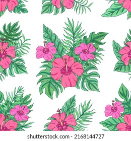 Patrón trópico sin fisuras con hibiscos y hojas tropicales. La decoración de verano se imprime para envolver, papel pintado y tela. Textura vectorial sin inconvenientes. Flores de ramo tropical.