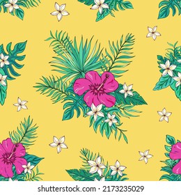 Patrón trópico sin fisuras con hibiscos y hojas tropicales. La decoración de verano se imprime para envolver, papel pintado y tela. Textura vectorial sin inconvenientes. Flores de ramo tropical.